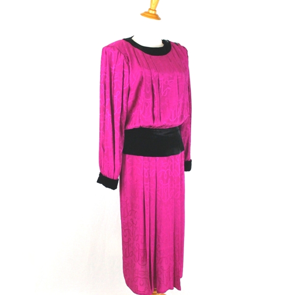 St. Gillian Pleated Fuchsia Pink Silk and Velvet 30s Inspired Vintage 80s  S M - Picture 4 of 14